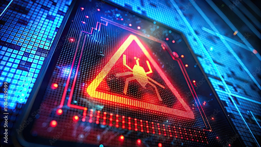 Poster Red warning sign indicating virus detected on a computer screen with glitch effects and alerts