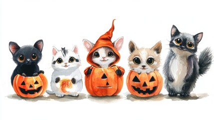 Fototapeta premium Cute animals in Halloween costumes, painted in a fun watercolor style, perfect for children's designs and festive illustrations