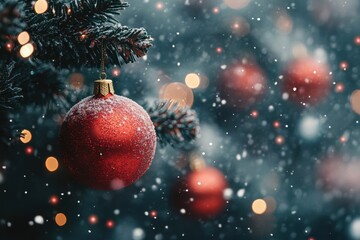 Celebrate the Holiday Spirit with a Beautiful Red Ornament on a Snowy Christmas Tree