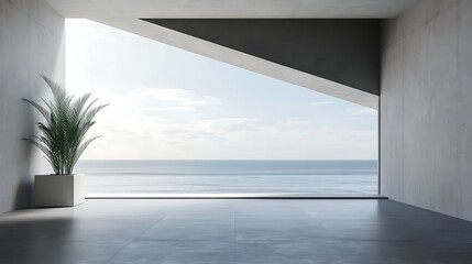 Terrace with sea and beach view. Empty concrete room interior with modern design