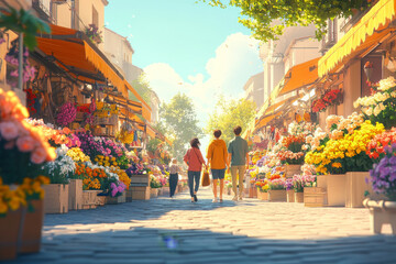 Obraz premium A group of people walk down a street lined with flower shops