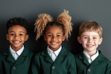 Three children in green uniforms smile and stand side by side against a plain background, showcasing unity and brightness.