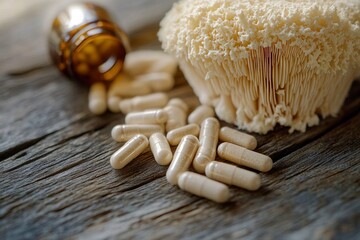 Mushroom Lions Mane and Capsule Pills on a Wooden Background, AI generated illustration