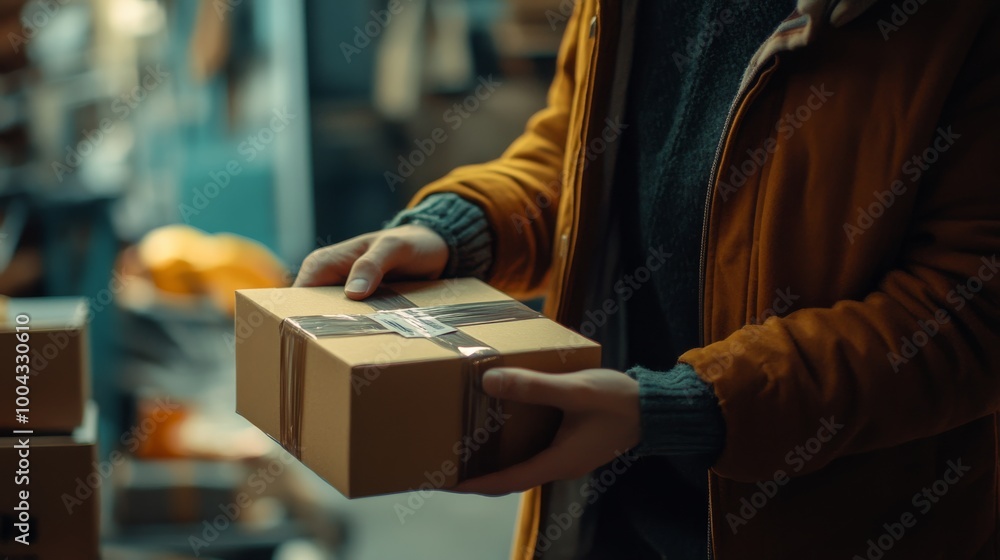 Poster a person holding a small package in a setting with blurred background elements, suggesting a busy en