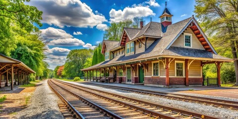 Obraz premium Vintage Train Station at Historic Allaire Village New Jersey with Rustic Architecture, Railroad Tracks, Nostalgic Setting, and Scenic Landscape for Transportation Theme Photography