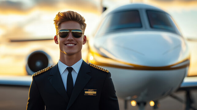 Smiling pilot standing confidently in front of a private jet at sunrise, exuding optimism and professionalism.
