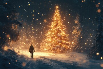 Obraz premium Enchanting Winter Evening: A Solitary Stroll Through a Snowy Wonderland with a Beautifully Lit Christmas Tree