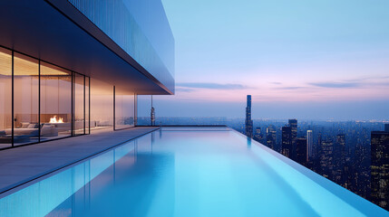 Fototapeta premium A sleek infinity pool at dusk, blending seamlessly with the city skyline, capturing the essence of urban tranquility and modern luxury.