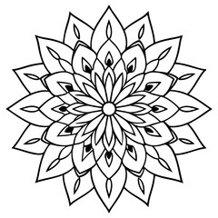 Intricate Mandala with Radiating Petals and Leaf Motifs - Detailed Linework Vector