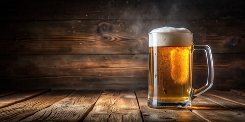 Refreshing mug of cold beer on rustic wooden table with foam and condensation