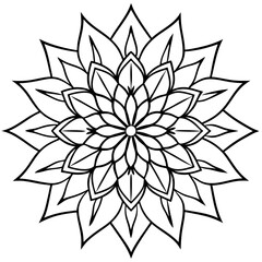 Intricate Mandala with Radiating Petals and Leaf Motifs - Detailed Linework Vector