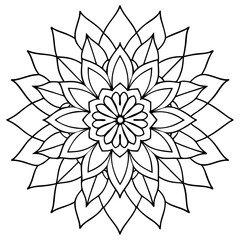 Intricate Mandala with Radiating Petals and Leaf Motifs - Detailed Linework Vector