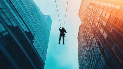 Fototapeta premium A daring individual descends between towering skyscrapers, showcasing urban adventure and thrill in the cityscape.