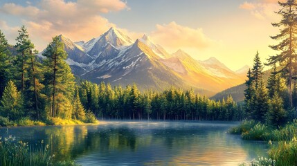 Pastel tinged Impressionistic landscape featuring serene mountain peaks lush forests and a tranquil lake in a romantic golden hour setting with captivating brushwork and an ethereal moody atmosphere
