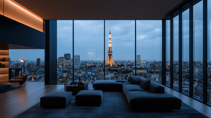 Fototapeta premium A luxurious penthouse with panoramic windows showcasing a vibrant city beneath a twilight sky, featuring stylish decor, plush sofas, and cozy lighting.