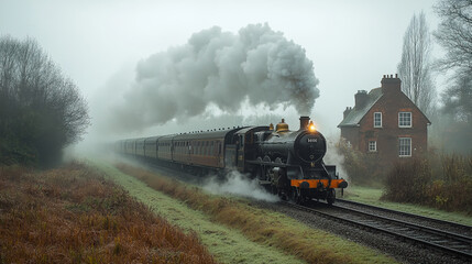 Obraz premium Historic Steam Train Traveling Through Scenic Countryside in Autumn Weather