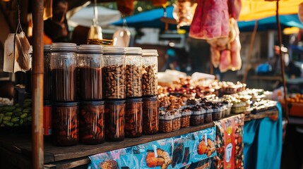 Vibrant street market display featuring jars of snacks and colorful produce at a bustling outdoor market in the late afternoon