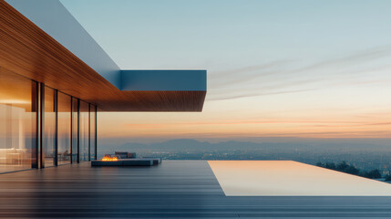 A stunning minimalist home featuring an infinity pool that merges with the horizon, set against a picturesque sunset backdrop, with expansive city views.