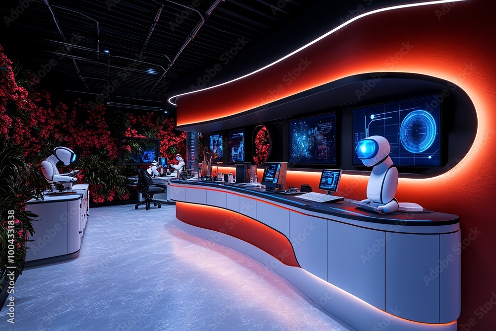 Poster 3d-rendered lab where scientists develop tomorrowâ€™s innovations, with fully animated ai assistants