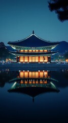 Fototapeta premium Historic palace seoul with water reflection night lights image