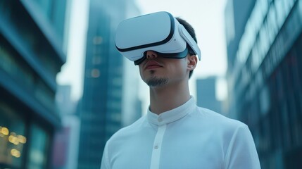 A focused man experiences virtual reality in an urban setting, showcasing the blend of technology and everyday life.