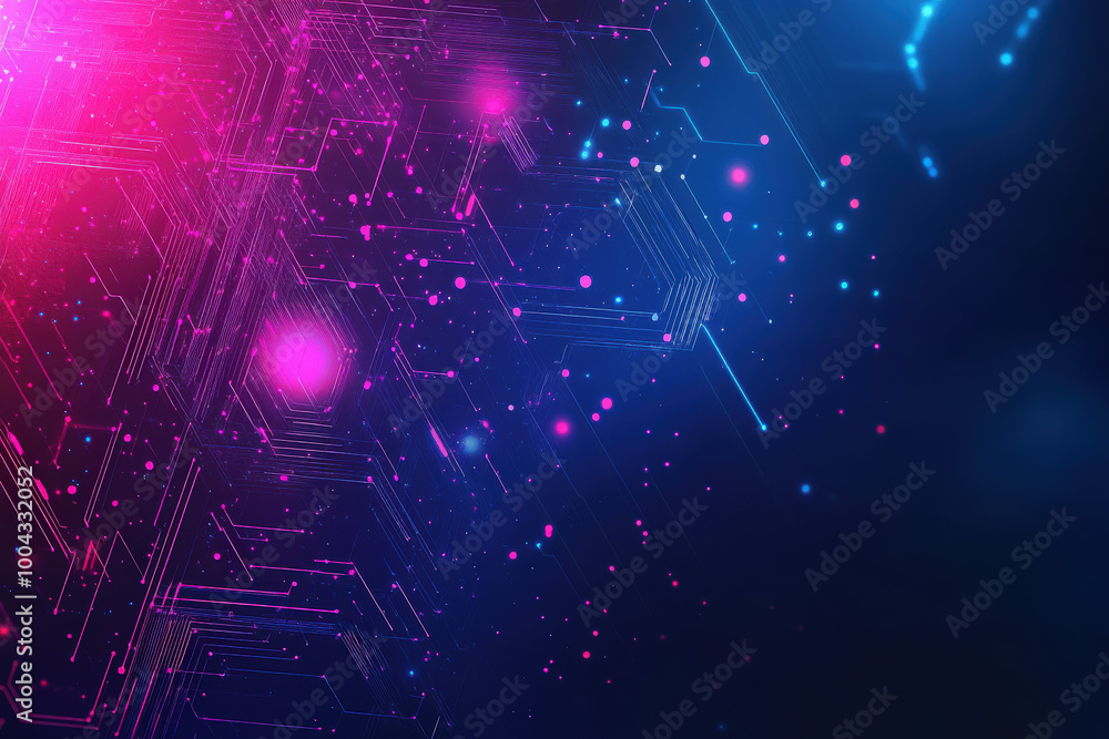 Poster vibrant abstract digital background with glowing patterns and technological motifs in shades of pink