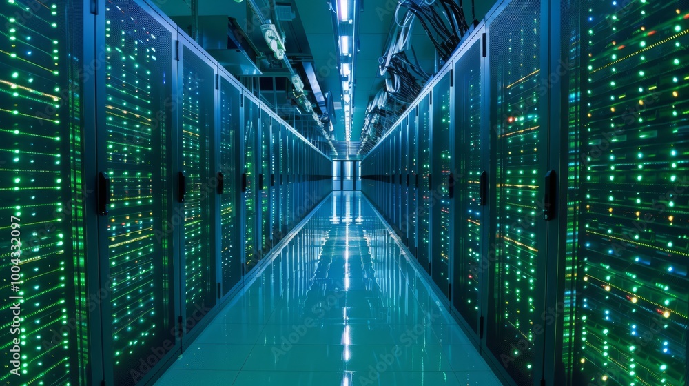 Poster endless server rows in a data center hallway