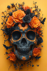 Skull adorned with vibrant orange roses and black bats against a bright yellow background, a festive and ornate decorative touch with soft diffused lighting casting gentle shadows,...
