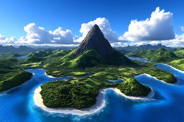 Naklejka premium 3D-rendered mountain landscape, with towering peaks, lush valleys, and flowing rivers, fully modeled in a vibrant, digital environment