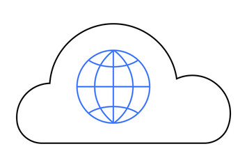 Black-outlined cloud with a blue globe in center. Ideal for technology, cloud computing, internet connectivity, global networking, data storage. Simple minimalist style