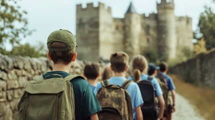 A group of children exploring a historic castle, backpacks on their shoulders, embracing adventure and learning.