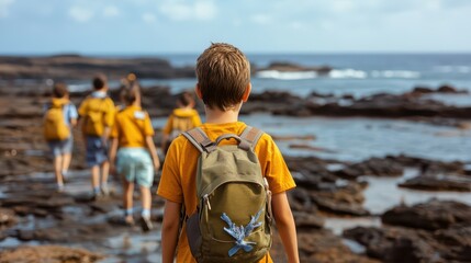 A group of children exploring rocky coastline, wearing yellow shirts and backpacks, enjoying a sunny seaside adventure.