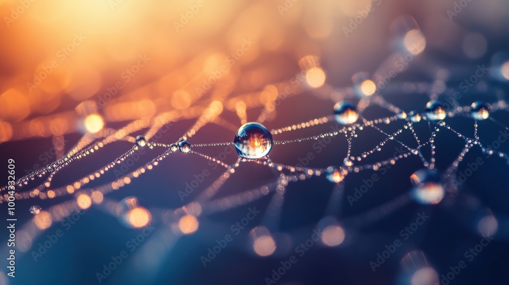 Poster dew drops cling to a spider's web early in the morning, reflecting light and creating a stunning vis