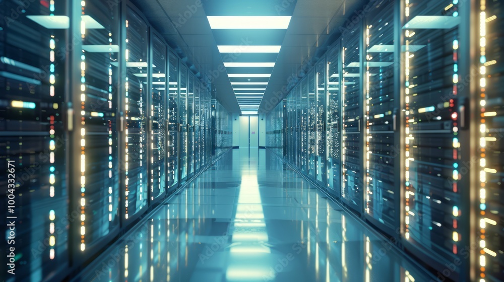 Poster data center corridor with rows of servers