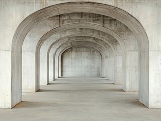 An architectural view showcasing a series of concrete arches creating a spacious, minimalist environment.