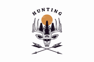 Deer head with long antlers, and natural leaves on a white background, logo design illustration.