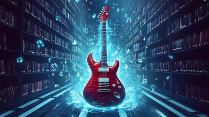 A red electric guitar glows with blue energy, surrounded by musical notes and a bookshelf backdrop.