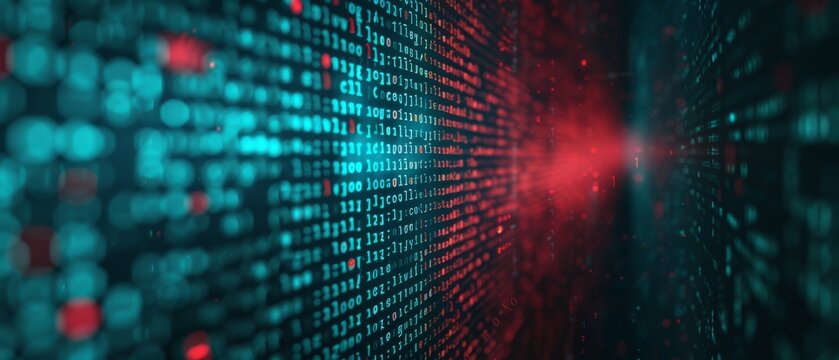 Abstract digital background with glowing binary code in blue and red tones.