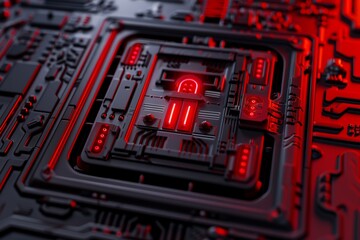 Close-up view of a modern black circuit board with red highlights.