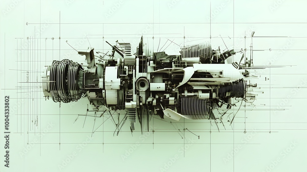 Poster intricate futuristic engineering schematic showcasing advanced mechanical structures