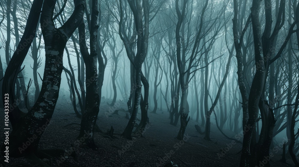 Poster mysterious forest with ghostly shadows and dark trees