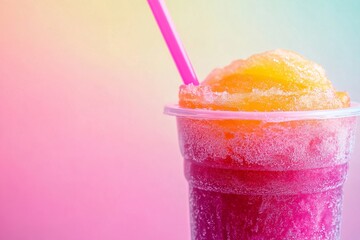 Vibrant Pink and Orange Frozen Slushie in a Plastic Cup, AI generated illustration