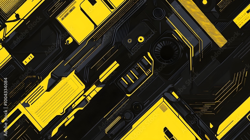 Poster futuristic abstract digital circuit pattern in dark and yellow contrast