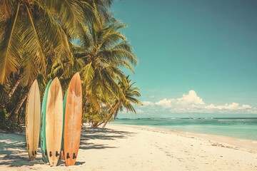 Vintage Surfboards on a Tropical Island Beach, AI generated illustration
