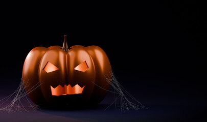 Spooky Halloween Pumpkin with Webs on Dark Background