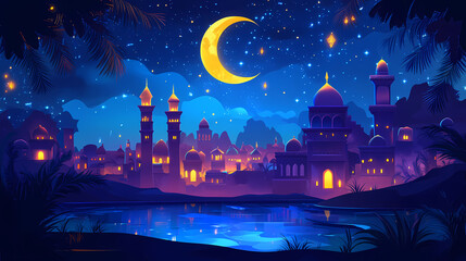 Cartoon illustration, fairy tale arabian night city, website header, ai generative. Arabian Nights. Illustration