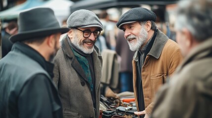 Fototapeta premium Three men engage in lively conversation at a market, dressed in vintage-style clothing, creating a warm, nostalgic atmosphere.