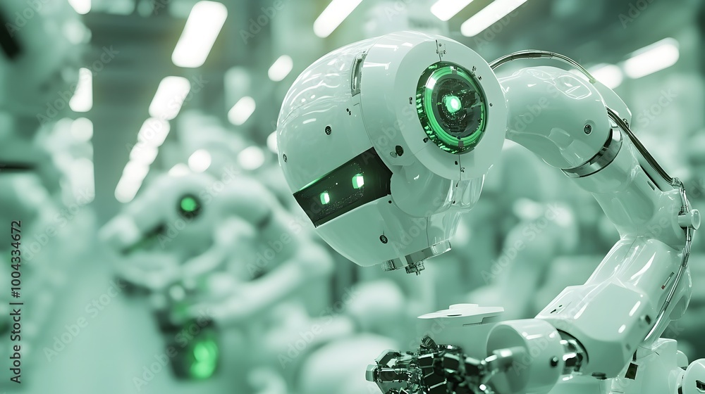 Poster advanced robotic arm operating in futuristic industrial factory setting