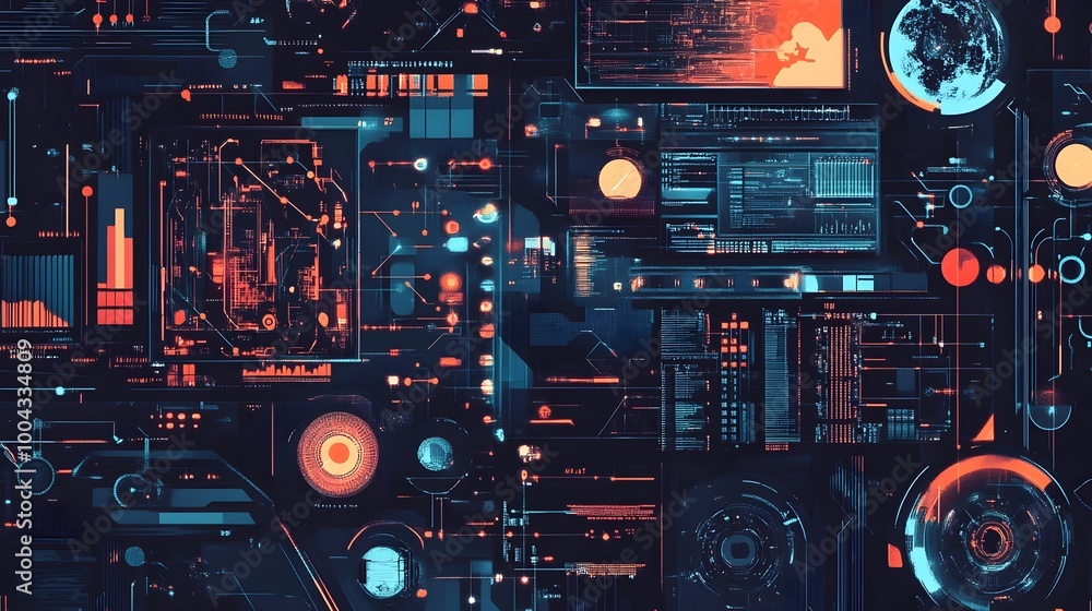Aufkleber futuristic digital hud interface with neon lights and abstract patterns
