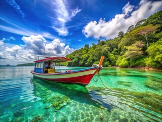 Scenic View of a Transom Boat Anchored in Calm Waters Surrounded by Lush Greenery and Blue Sky